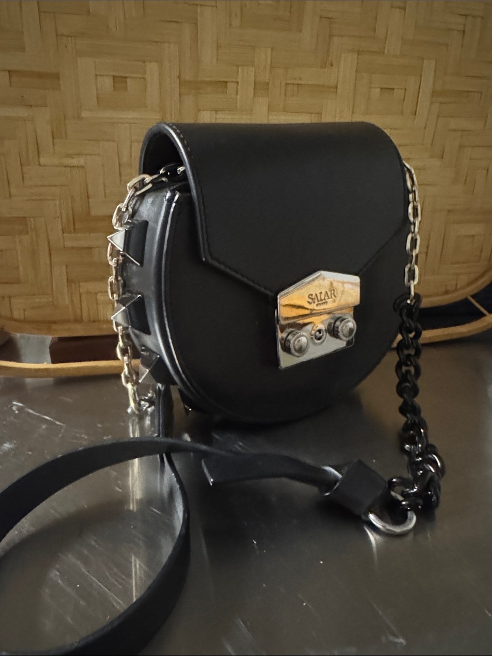 Black Salar Milano Italian  Leather Chain Crossbody Saddle Bag